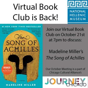 Virtual Book club poster with cover of song of achilles